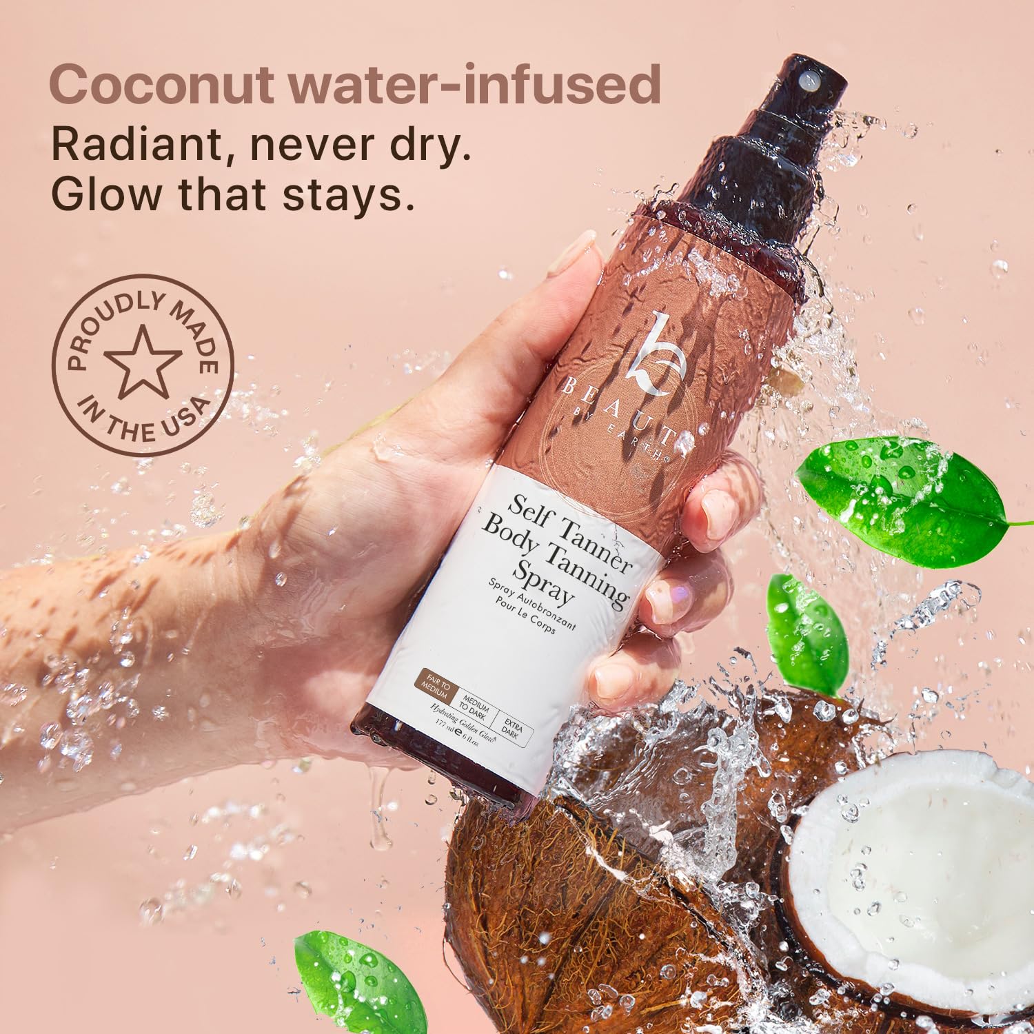 Beauty by Earth Self Tanner Spray label highlights USA-made, vegan, cruelty-free ingredients.