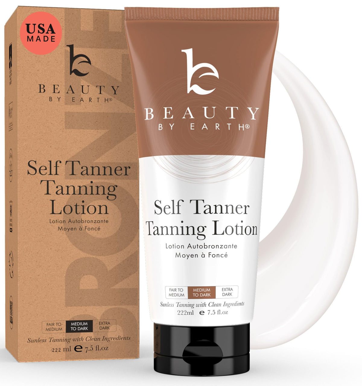 Beauty by Earth self-tanner bottle showcases usa-made formula for a natural glow.