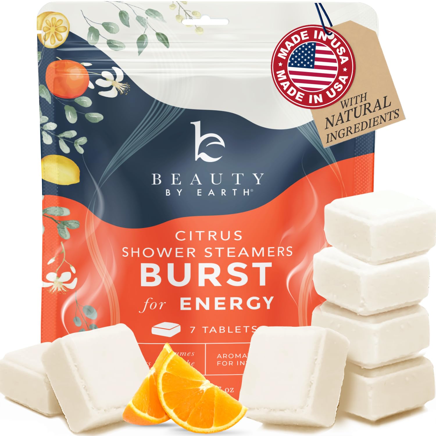 Beauty by Earth citrus shower steamer tablet in shower for a refreshing morning boost