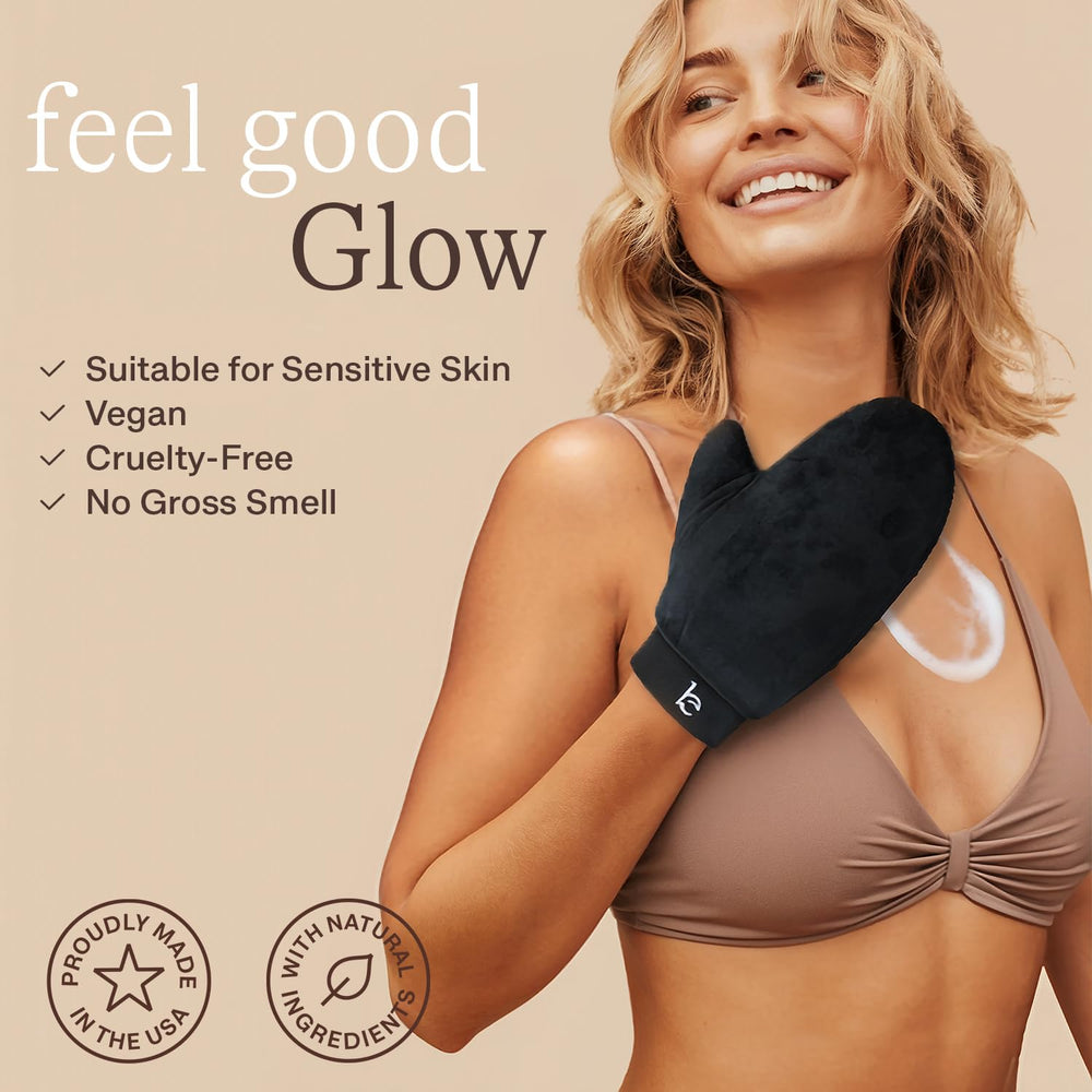 Beauty by Earth tanning kit with natural ingredients and included mitt for skin-friendly results.