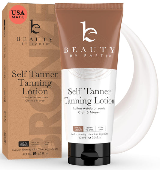 Beauty by Earth tanning lotion bottle pump shows easy, even application for a sunless tan