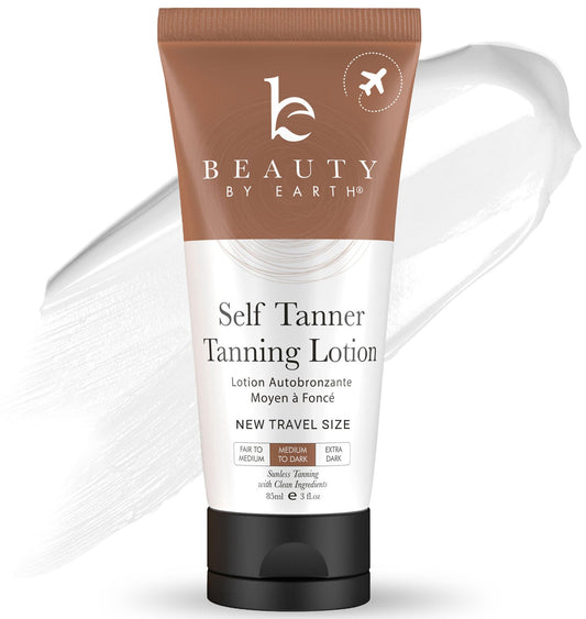 Beauty by Earth tanning lotion travel-size bottle for on-the-go bronze glow.