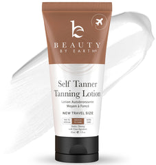 Beauty by Earth tanning lotion travel-size bottle for on-the-go bronze glow.
