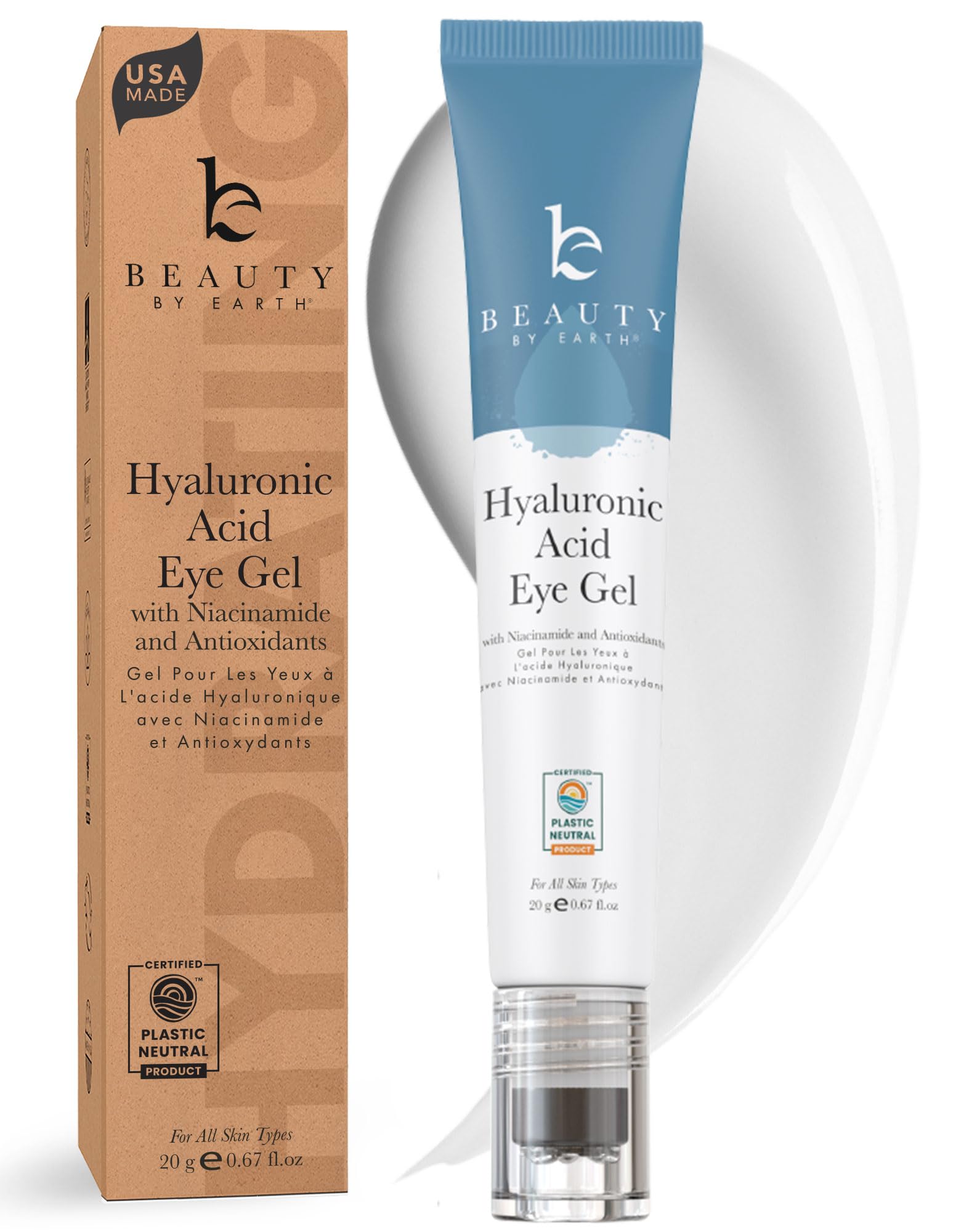 Beauty by Earth under eye cream packaging shows a clean, USA-made formula.
