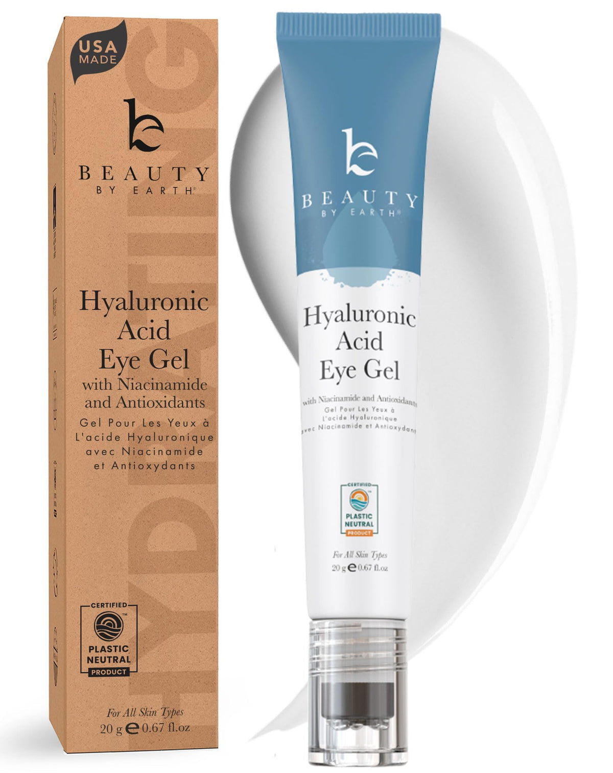 Beauty by Earth under eye cream packaging shows a clean, USA-made formula.