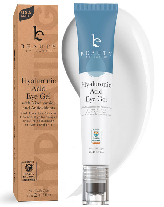 Beauty by Earth under eye cream packaging shows a clean, USA-made formula.