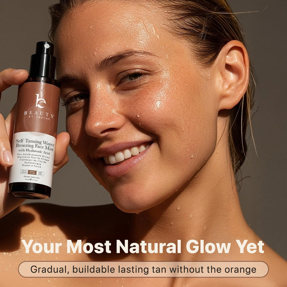 Beauty by Earth USA-made face tanner water bottle in packaging.