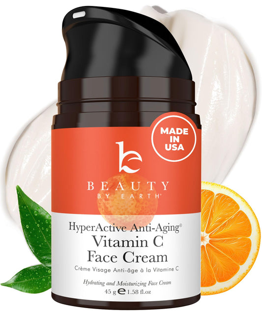 Beauty by Earth Vitamin C face cream bottle highlights daily brightening benefits.
