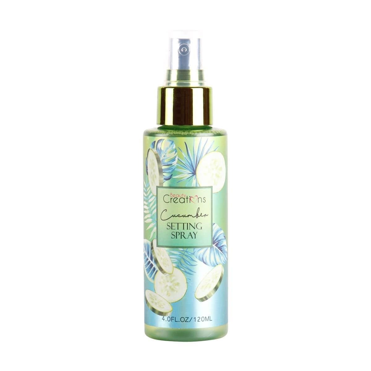 Beauty Creations Cucumber Setting Spray bottle front, refreshing hydration and makeup hold.