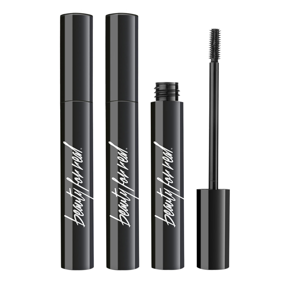 Beauty For Real Hi-Def Mascara Just Black set 3 bottle showcases defined, smudge-proof lashes.
