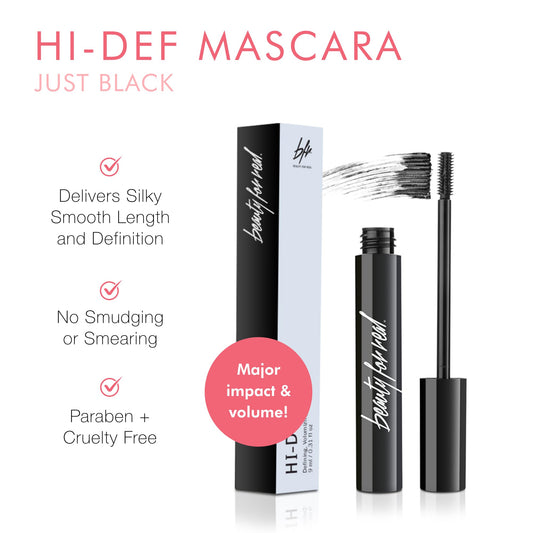Beauty For Real Hi-Def Mascara Just Black wand closeup highlighting micro brush precision