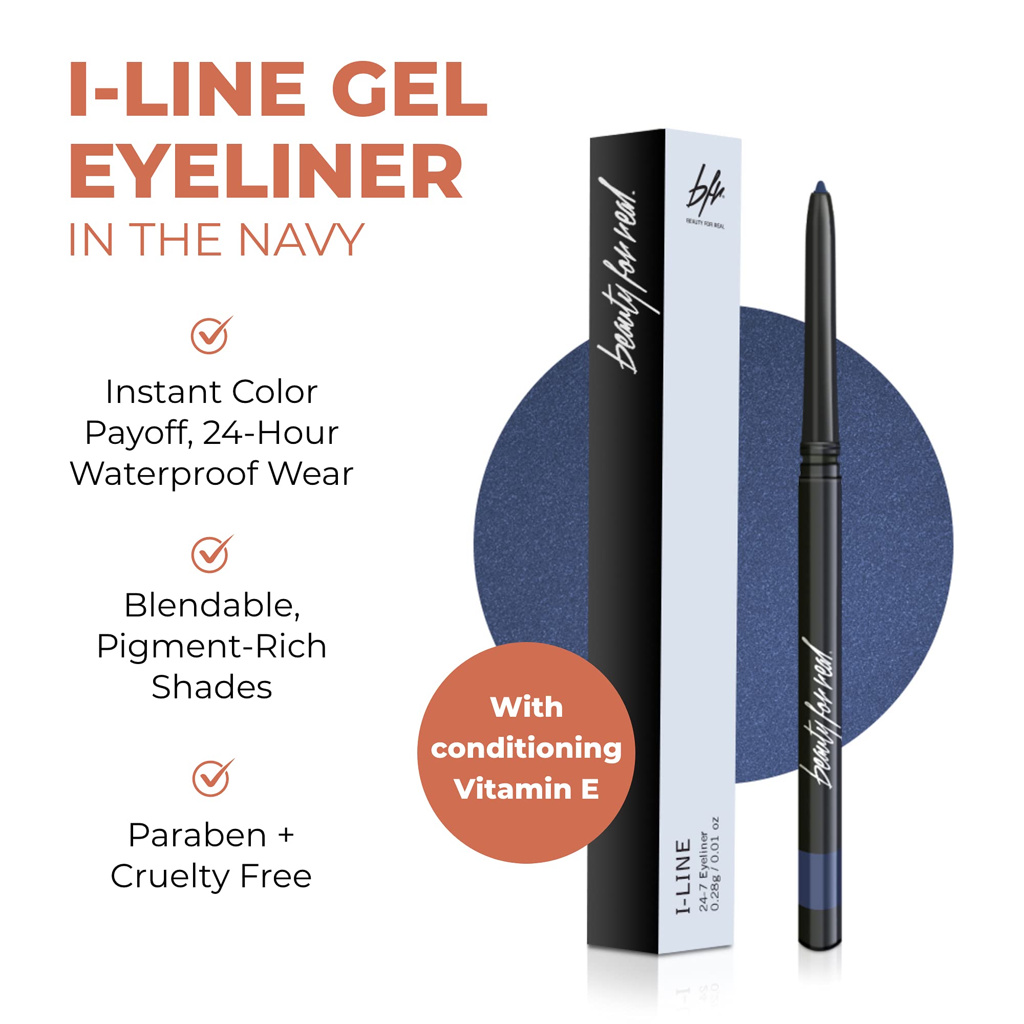 Beauty For Real I-Line 24-7 Eyeliner Navy waterproof formula for lasting wear.