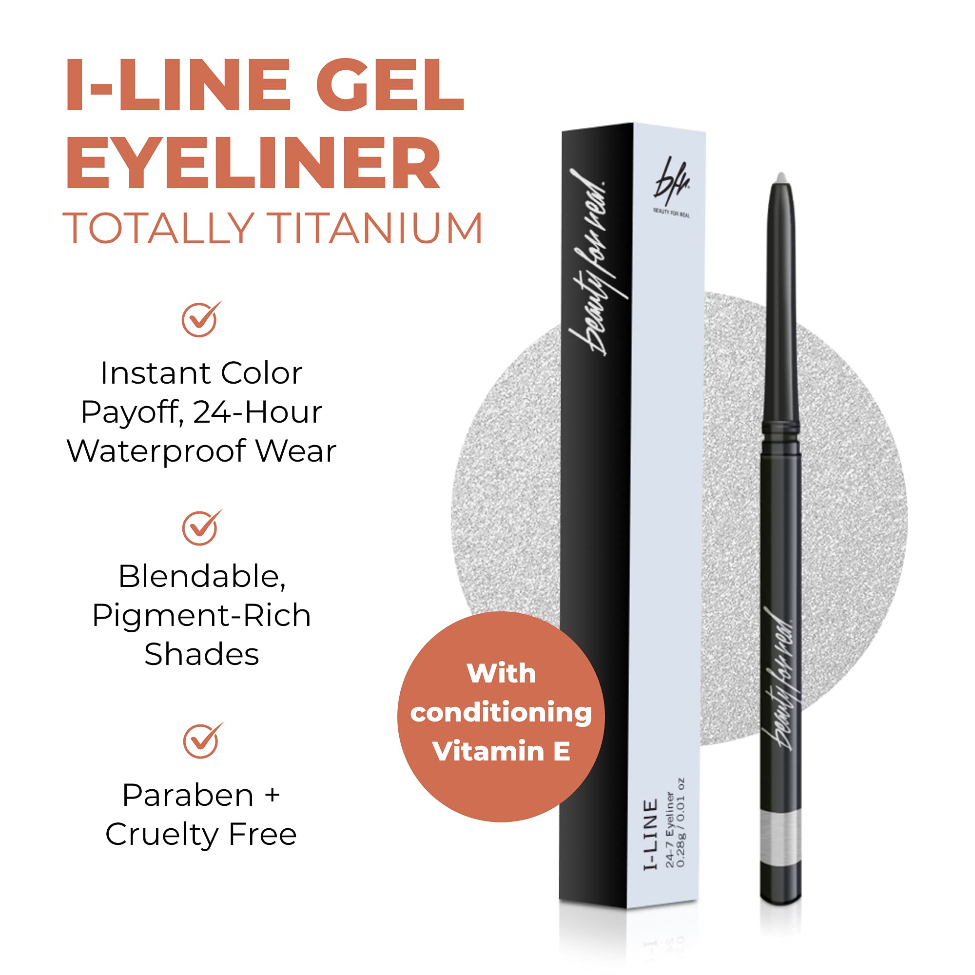 Beauty For Real I-Line 24-7 on lid demonstrates easy twist-up application for precise lines.