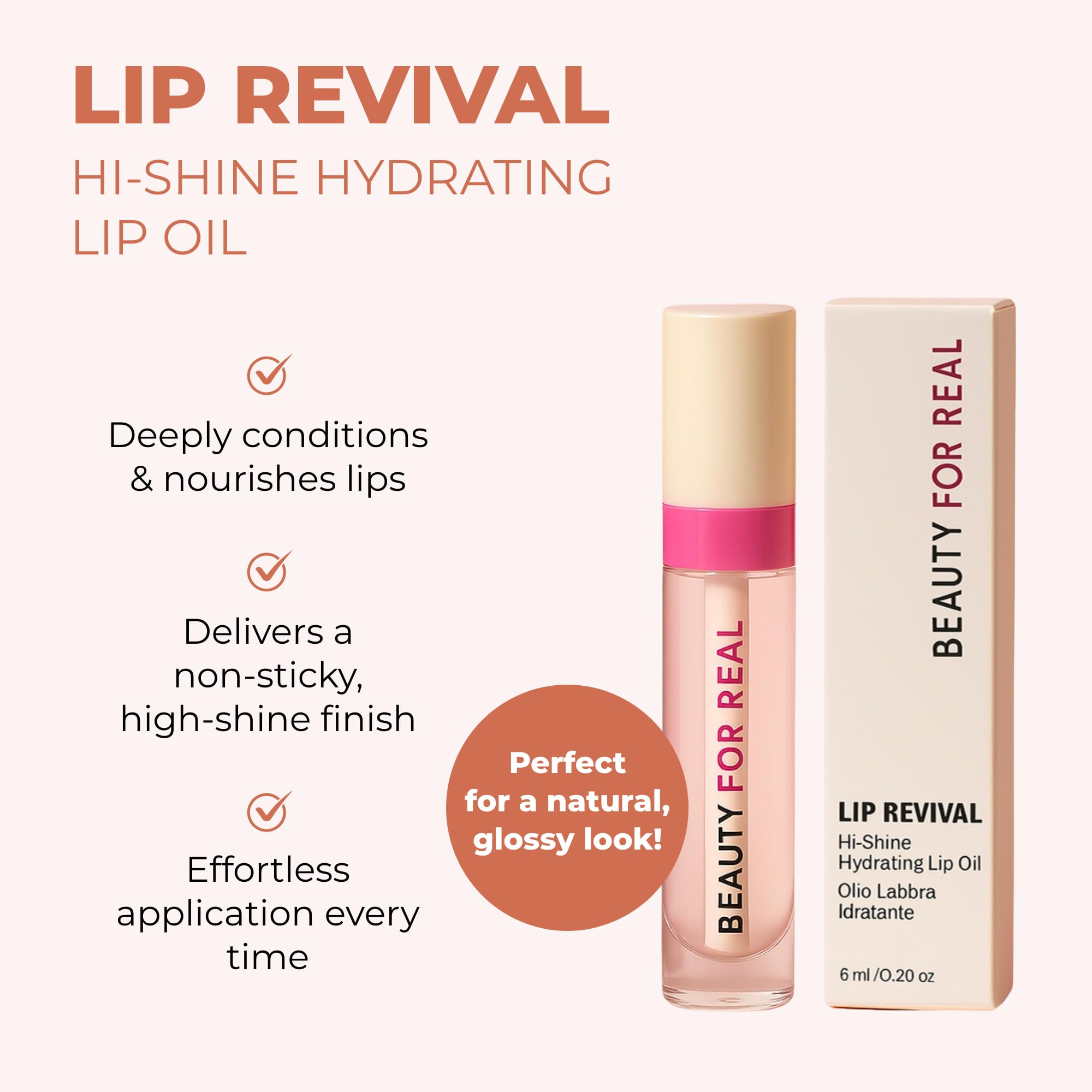 Beauty For Real Lip Oil plush applicator enables smooth, even application.