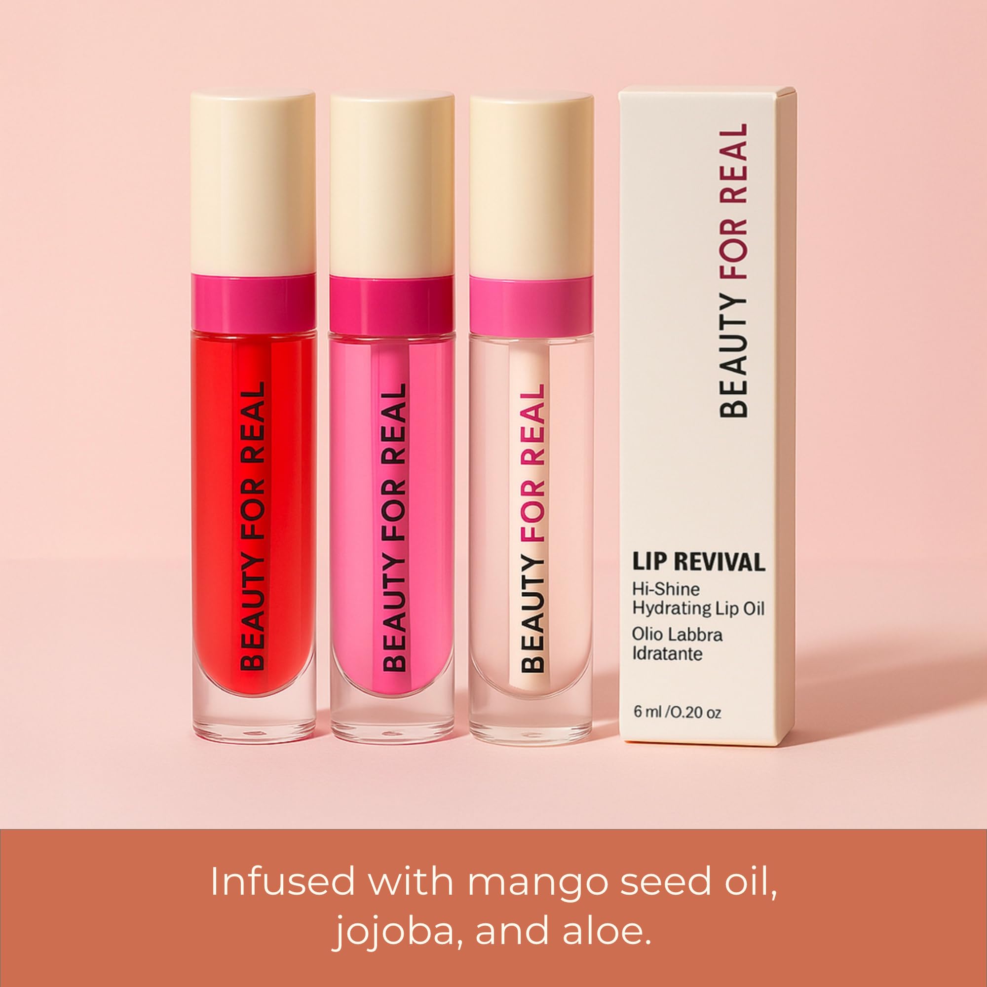 Beauty For Real Lip Revival jojoba oil emollient softens lips with silky feel.