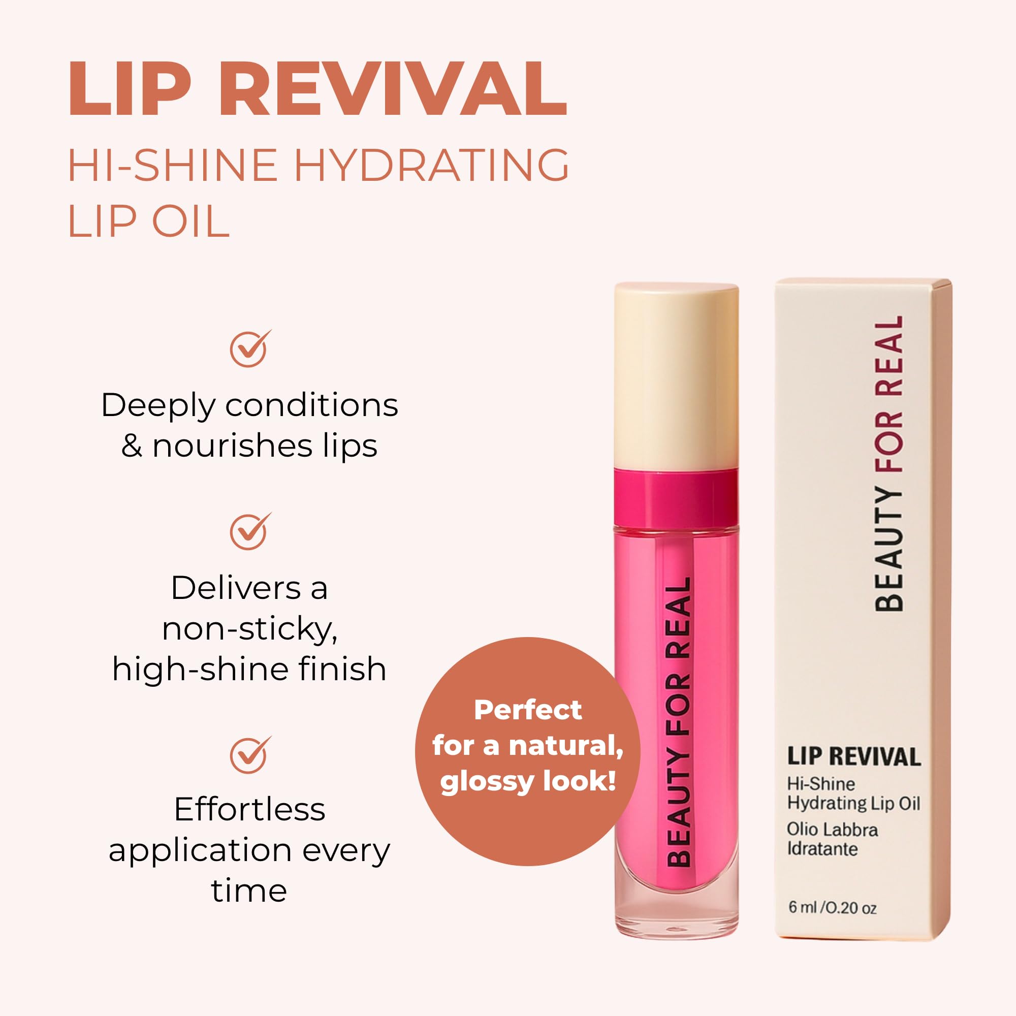 Beauty For Real Lip Revival applicator applying lightweight lip oil for smooth coverage.