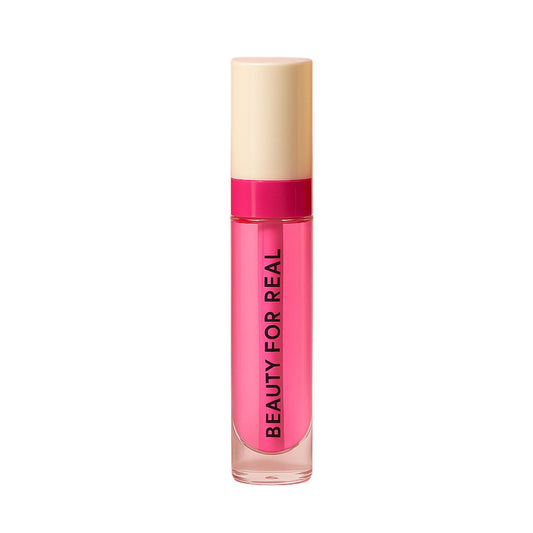 Beauty For Real Lip Revival bottle closeup with raspberry beret gloss delivering glassy shine.