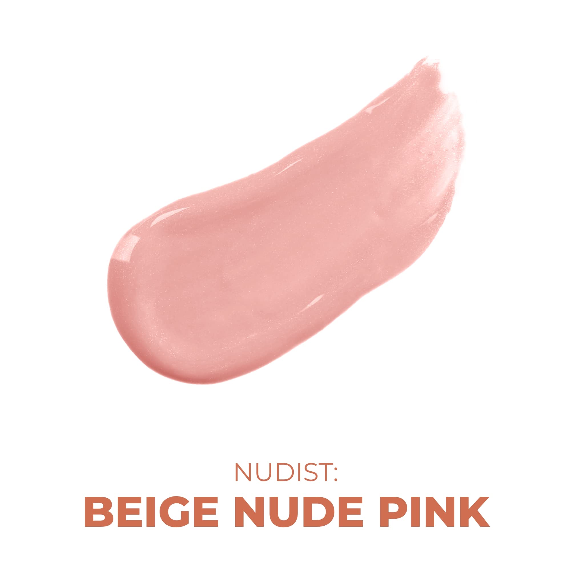 Beauty For Real Nudist lip gloss tube close-up shows the nude-pink shade and glossy finish.