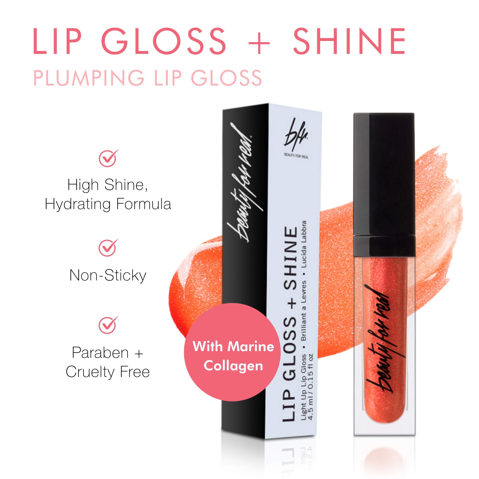 Beauty For Real Orange Rush gloss shows a mirror-cap for precise reapplication.