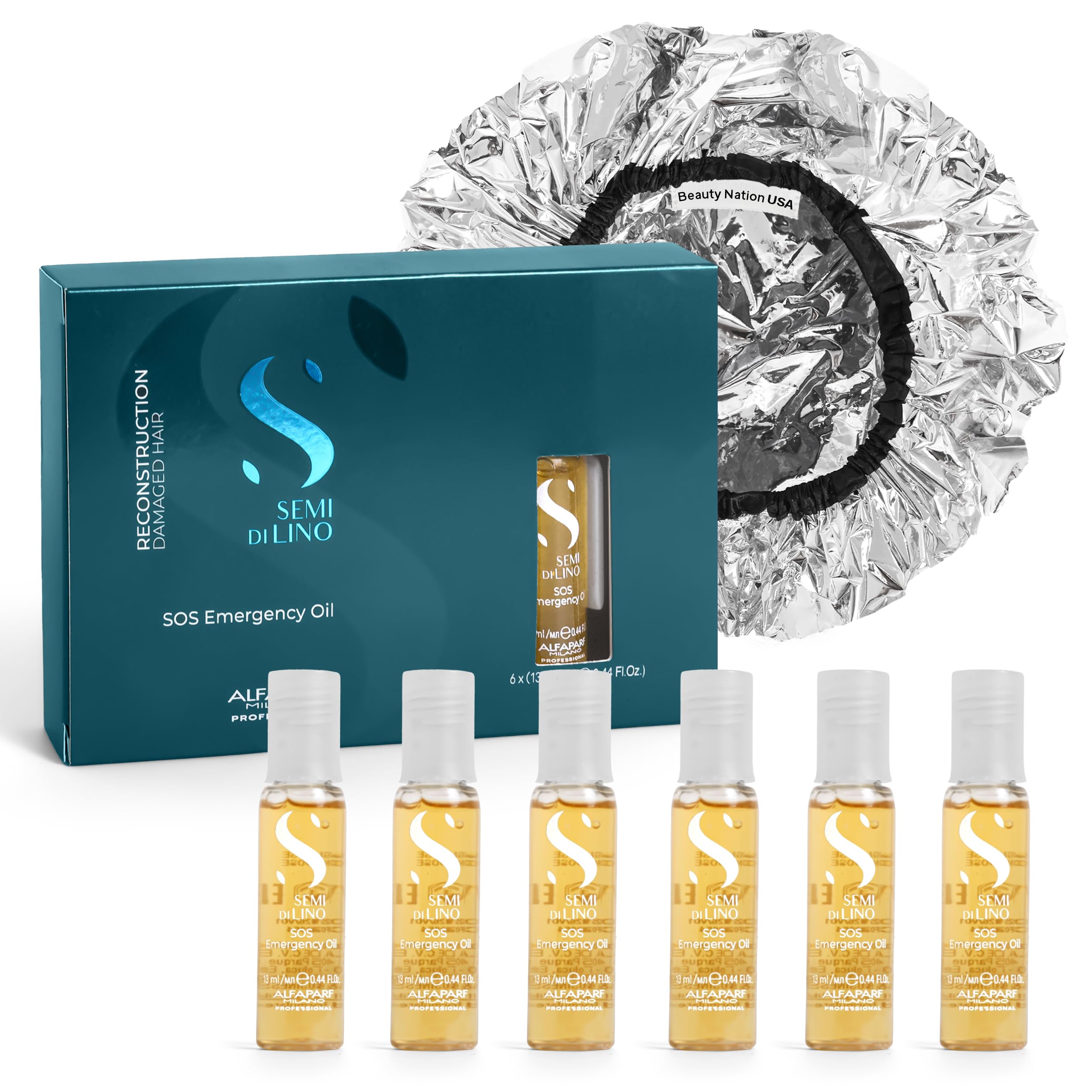 Beauty Nation USA Alfaparf SOS Reconstruction oil bottle close-up showing concentrated repair benefits