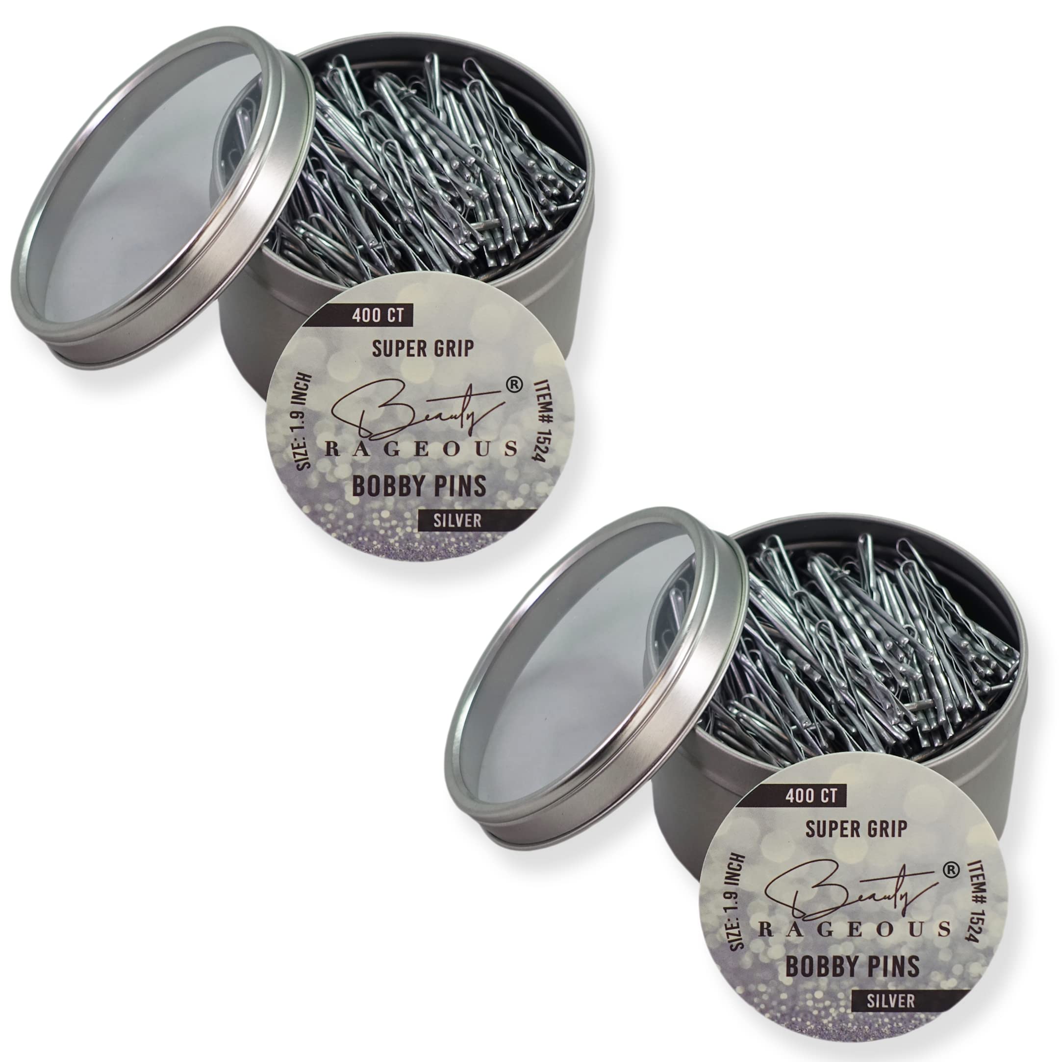 Beauty Rageous Super Grip Bobby Pins 1.9-inch in tin packaging for easy storage.