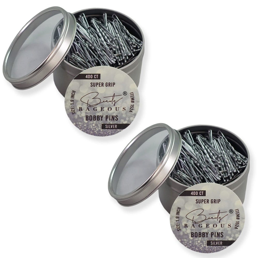 Beauty Rageous Super Grip Bobby Pins 1.9-inch in tin packaging for easy storage.