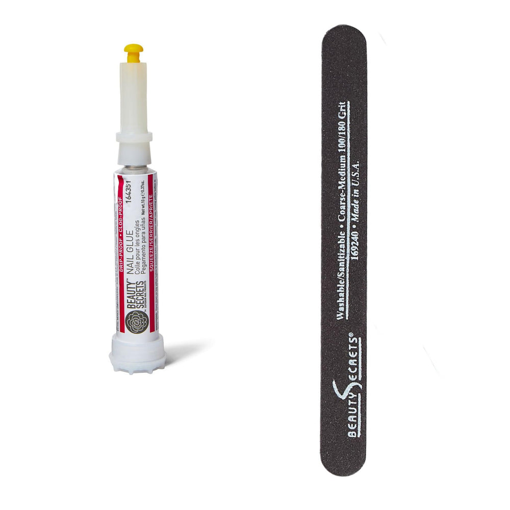 Beauty Secrets nail glue bottle pour for mess-free, precise tip application.