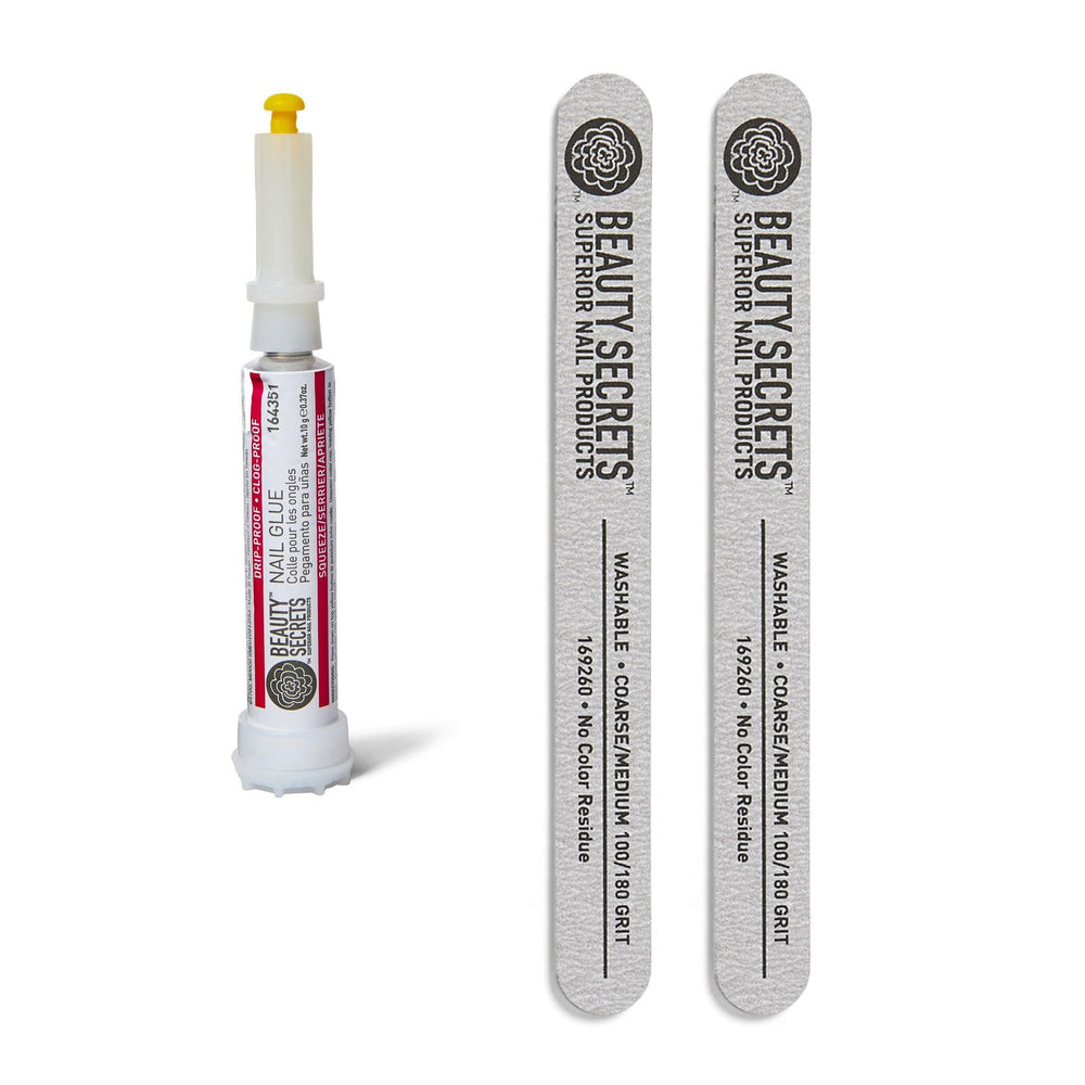 Beauty Secrets drip- and clog-proof nail glue bundle with clear applicator.