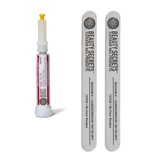 Beauty Secrets drip- and clog-proof nail glue bundle with clear applicator.
