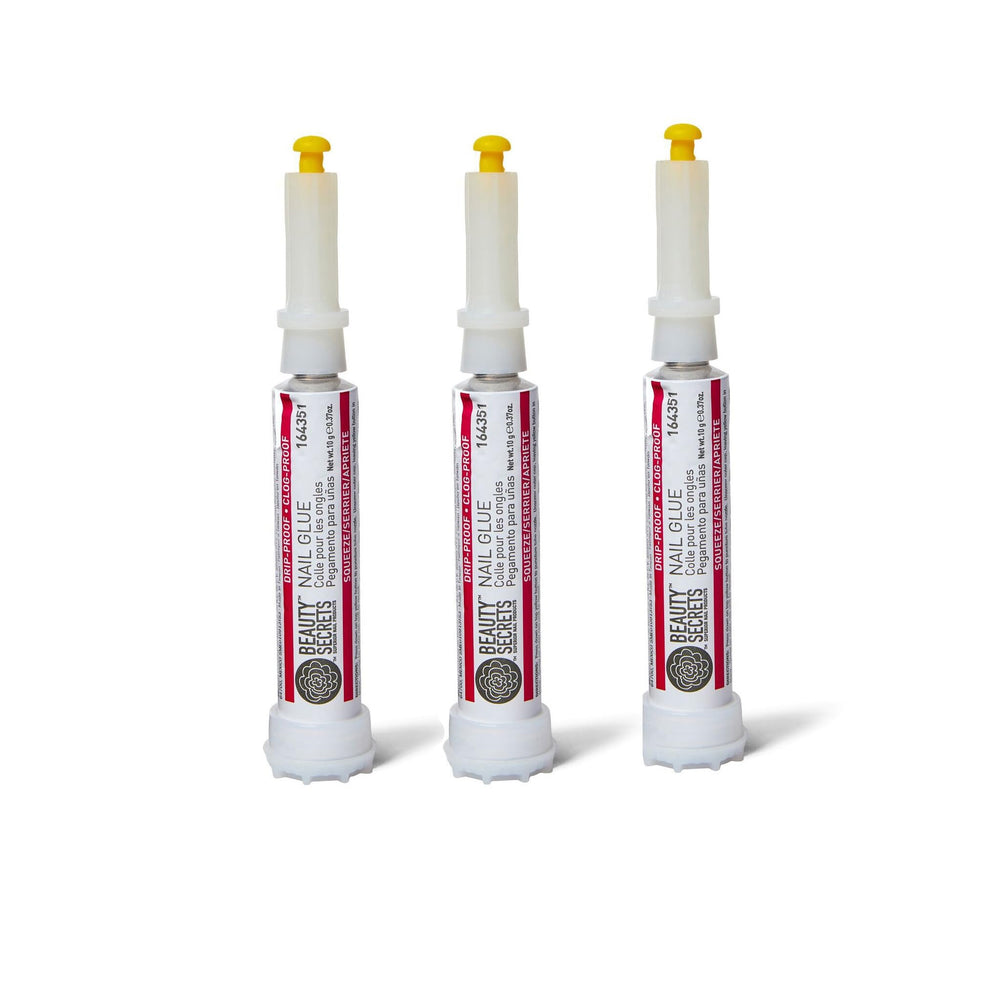 Beauty Secrets Nail Glue bottle demonstrates drip-proof precision for neat bonding.
