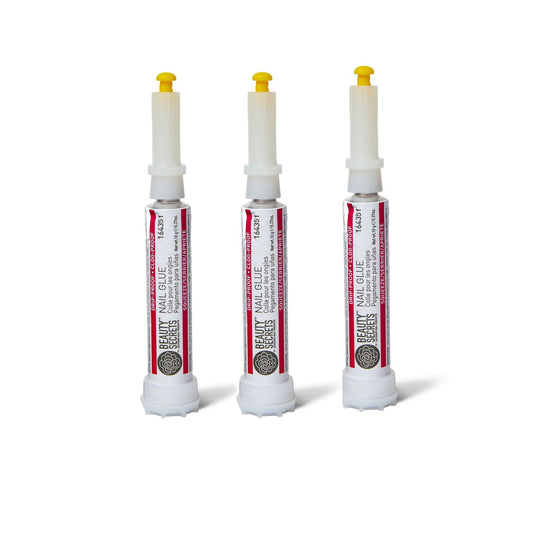 Beauty Secrets Nail Glue bottle demonstrates drip-proof precision for neat bonding.