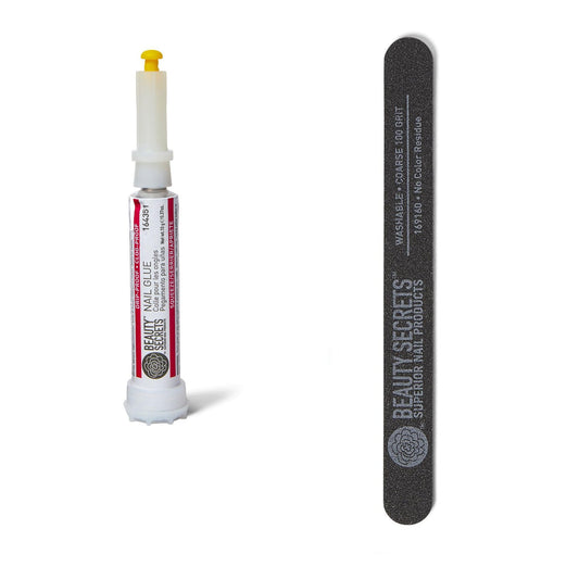 Beauty Secrets nail glue with precision tip ensures mess-free application.