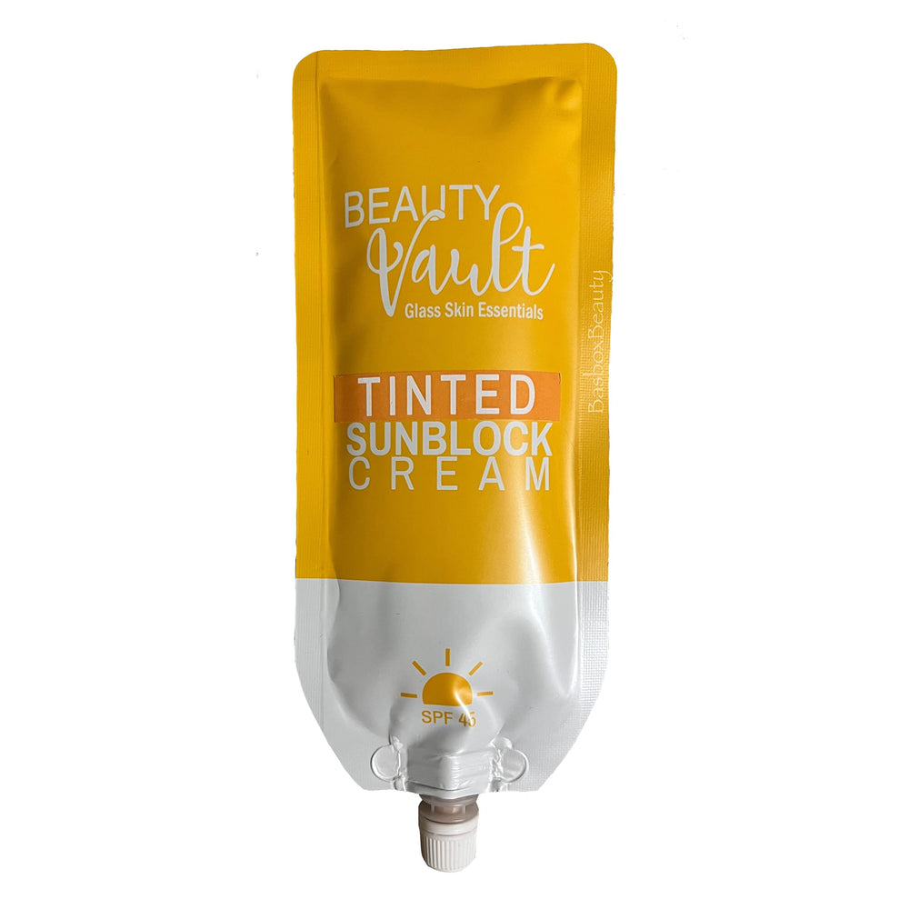 Beauty Vault tinted sunblock in a pouch offers daily sun protection and natural coverage