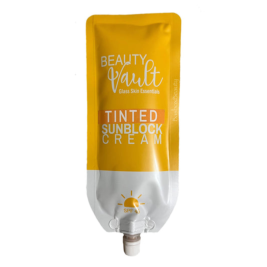 Beauty Vault tinted sunblock in a pouch offers daily sun protection and natural coverage
