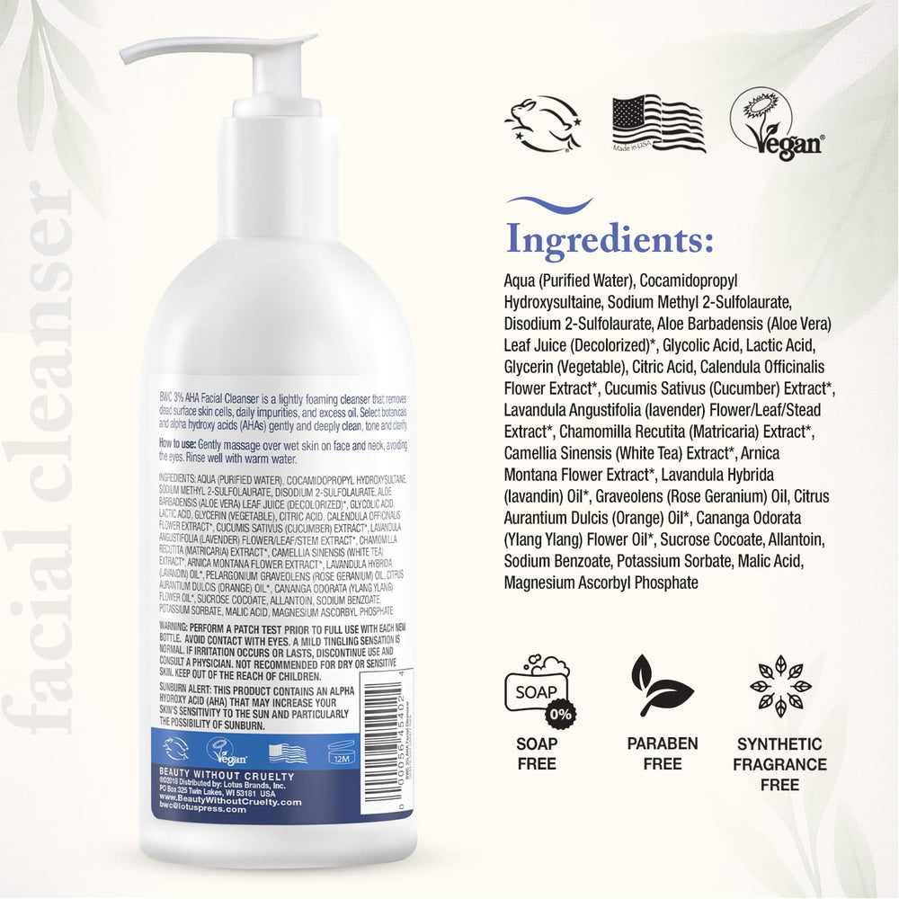 Beauty Without Cruelty AHA Facial Cleanser bottle surrounded by botanicals, gentle cleansing for normal to oily skin