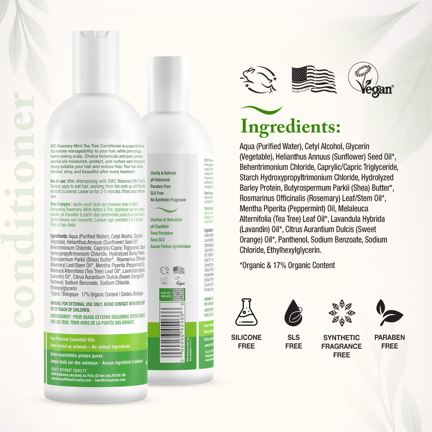 Beauty Without Cruelty conditioner label close-up highlighting SLS-free vegan formula