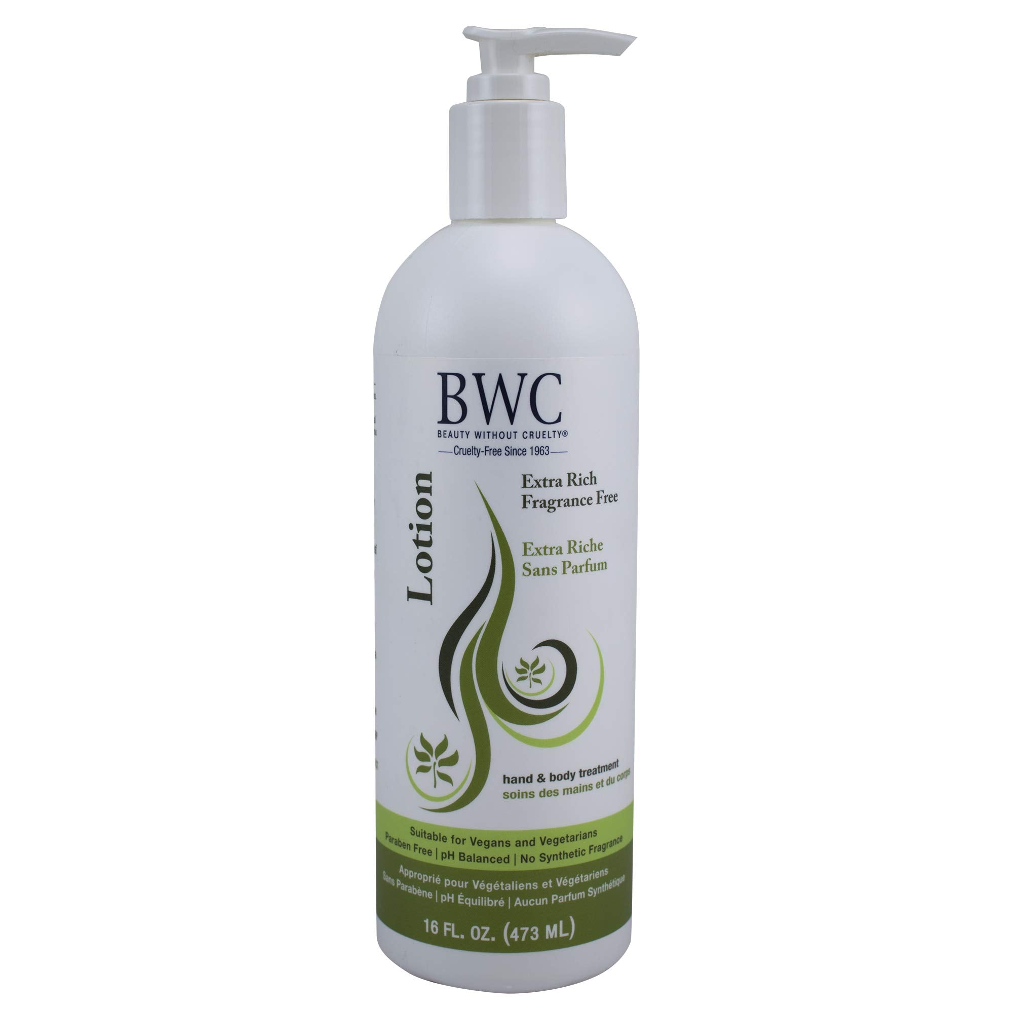 Beauty Without Cruelty extra rich fragrance-free hand lotion bottle delivers deep hydration