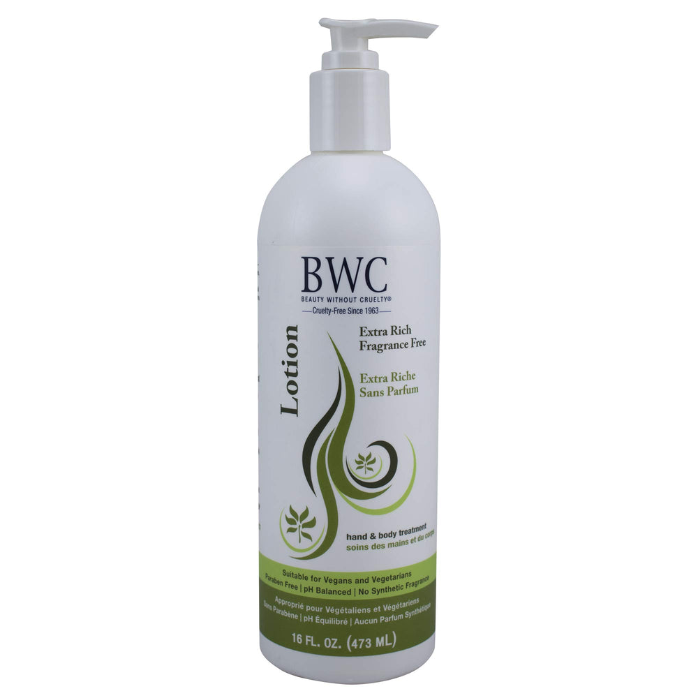 Beauty Without Cruelty extra rich fragrance-free hand lotion bottle delivers deep hydration