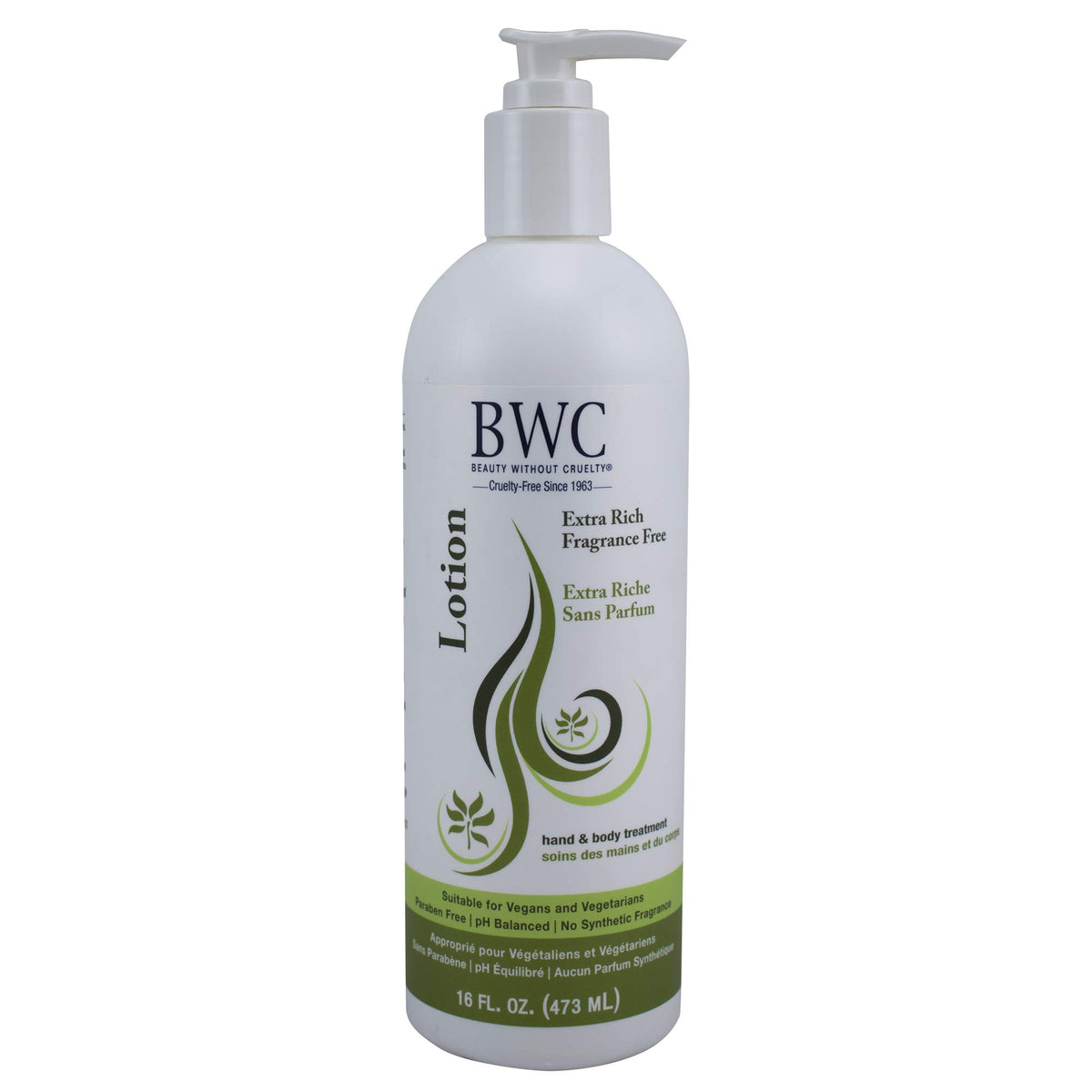 Beauty Without Cruelty extra rich fragrance-free hand lotion bottle delivers deep hydration