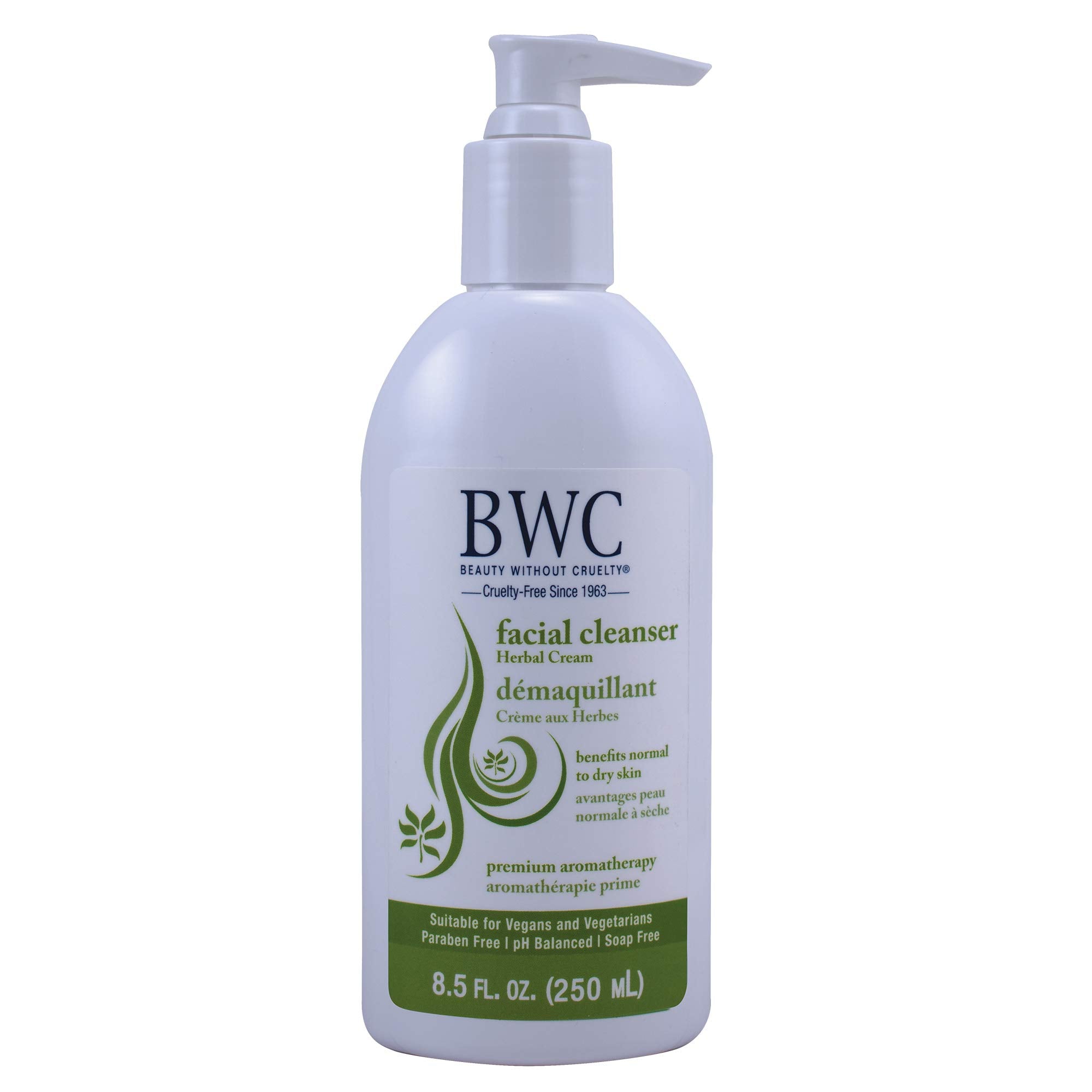 Beauty Without Cruelty herbal cream cleanser bottle shows creamy texture for daily cleansing.