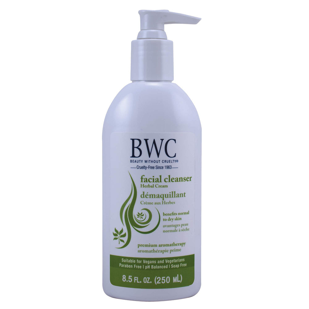 Beauty Without Cruelty herbal cream cleanser bottle shows creamy texture for daily cleansing.