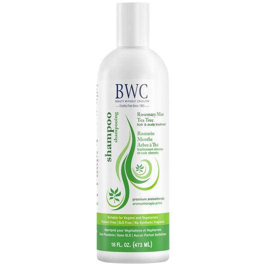 Beauty Without Cruelty rosemary mint tea tree shampoo bottle pours for daily cleansing
