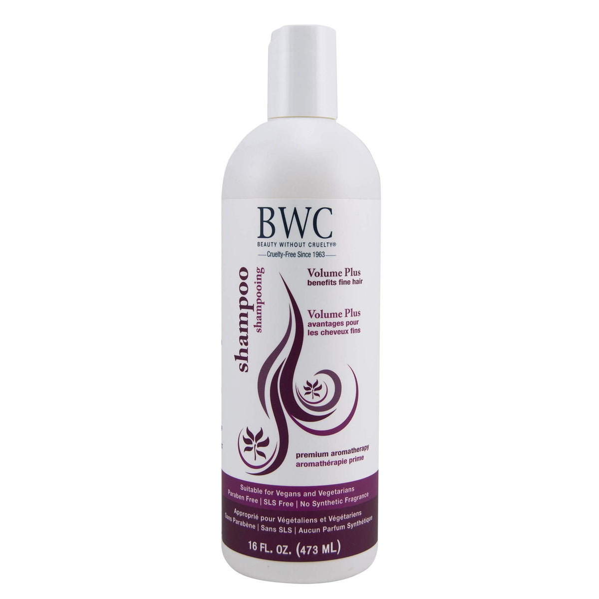 Beauty Without Cruelty Volume Plus shampoo bottle for fine hair, lightweight cleanse.