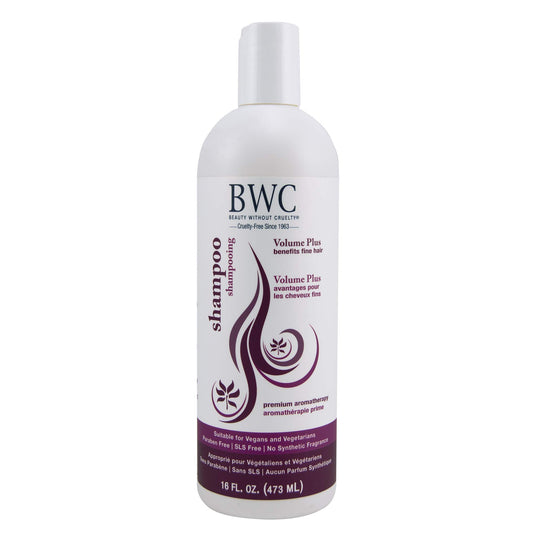 Beauty Without Cruelty Volume Plus shampoo bottle for fine hair, lightweight cleanse.
