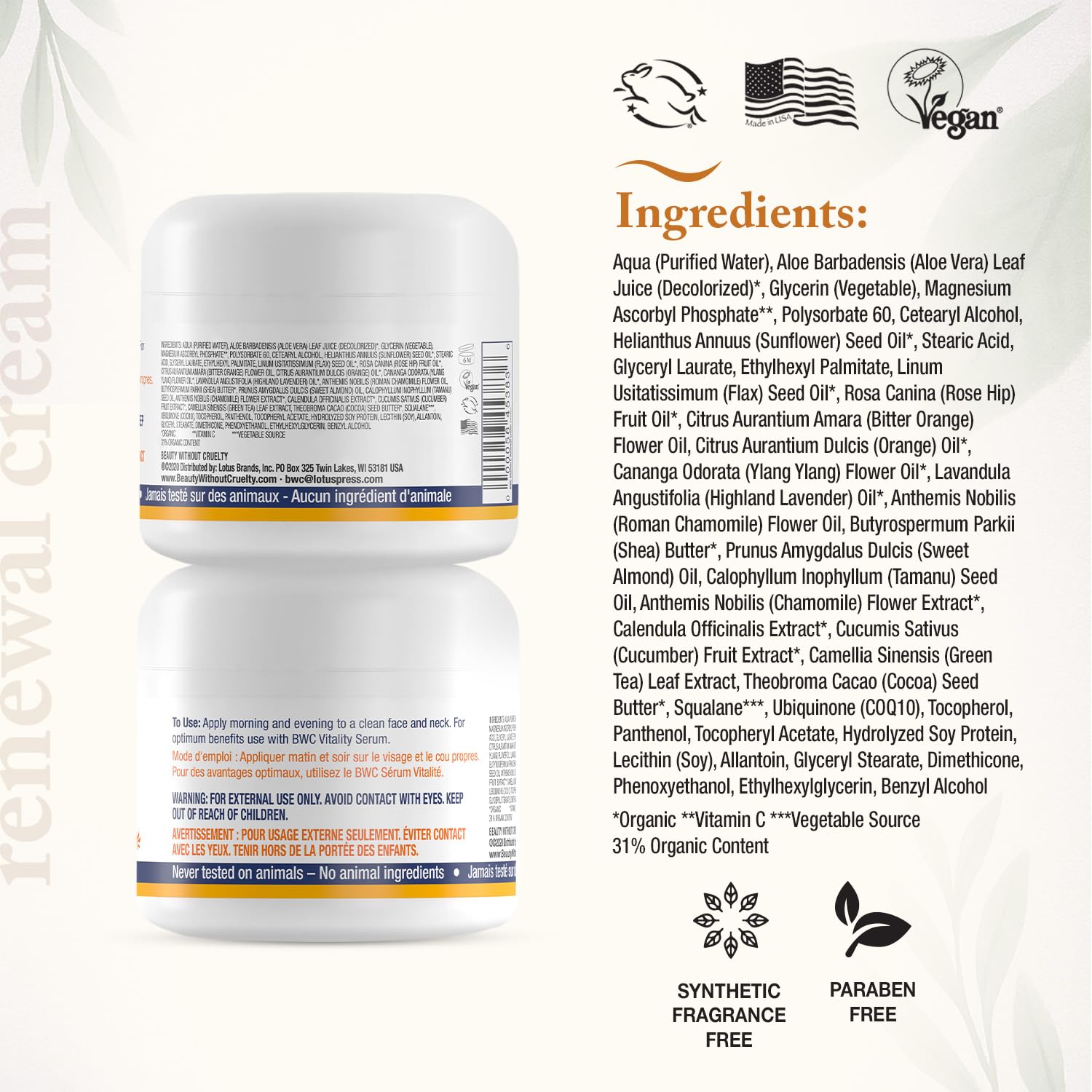 Beauty Without Cruelty Vitamin C Renewal Cream texture swirl reveals moisture-rich formula for smoother skin