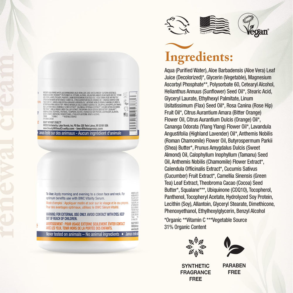 Beauty Without Cruelty Vitamin C Renewal Cream texture swirl reveals moisture-rich formula for smoother skin