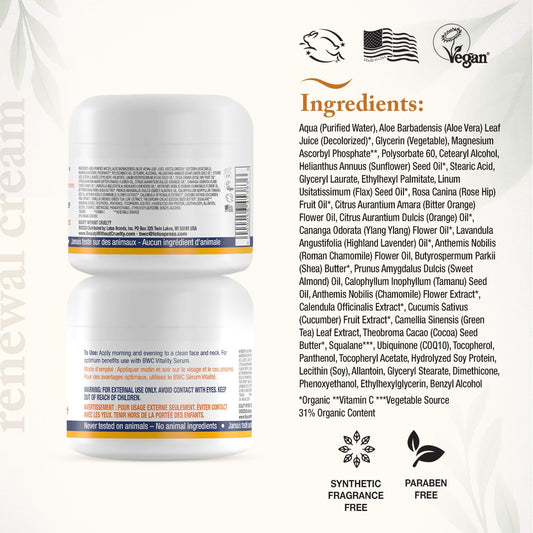 Beauty Without Cruelty Vitamin C Renewal Cream texture swirl reveals moisture-rich formula for smoother skin