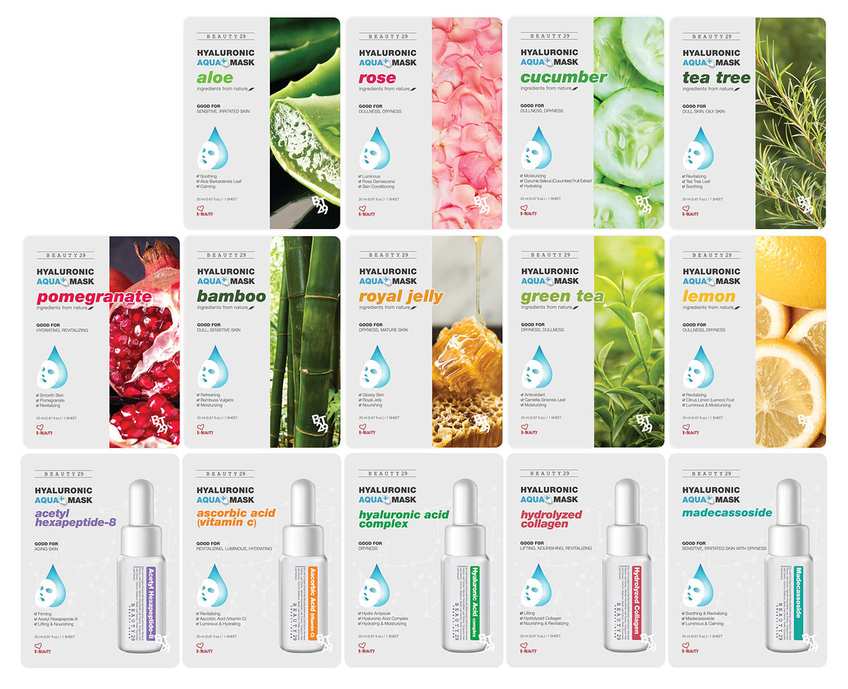 Beauty29 Hyaluronic Aqua Plus mask pack 14 sheets delivers intense hydration for plump skin.