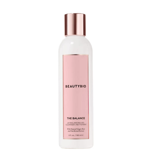BeautyBio The Balance cleanser bottle shows a gentle pH-balanced formula for daily use