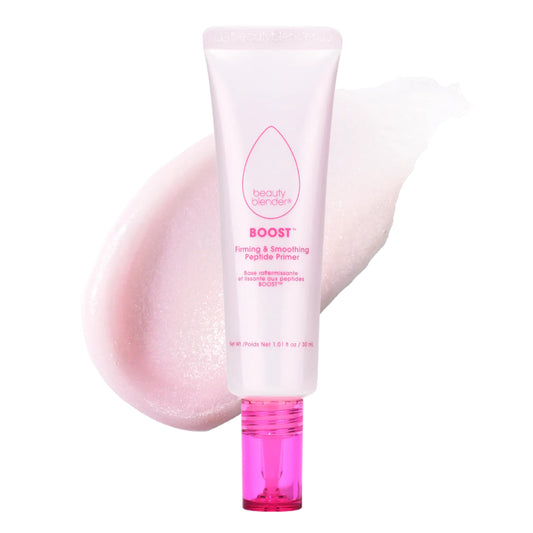 Beautyblender Boost primer bottle closeup showing premium packaging and long wear potential